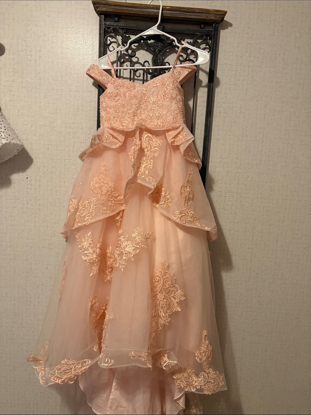 Peach Lace Tiered Girls Formal Dress with Embroidered Appliqué
